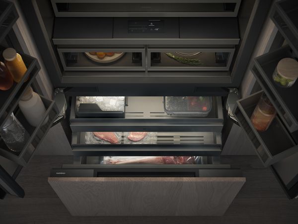 View showing the state-of-the-art chilled drawer, climate drawer and freezer compartment in the new Gaggenau LUX cooling appliance