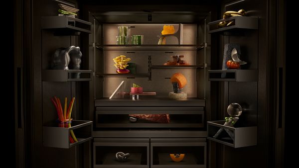 Вид на внутрішню частину нового холодильника Gaggenau LUX, де зберігаються продукти харчування.