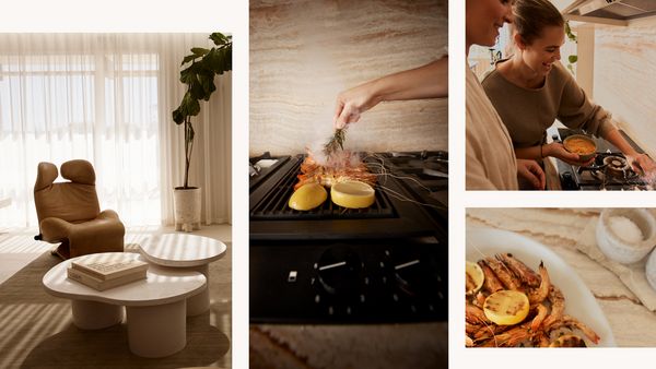 Collage of images showing the lounge, cooking on the Gaggenau Vario 200 series grill and plating the delicious food
