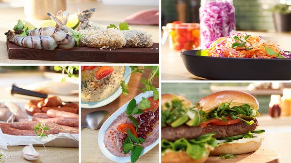 Collage of food prepared with mincing attachment including shrimp crumbs, cabbage slaw, sausages, hummus, kidney bean dip and burgers.