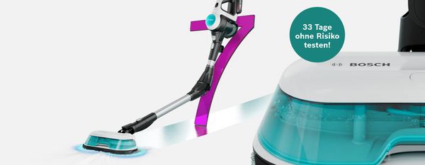 Der befüllte Wassertank des Bosch Unlimited 7 ProHygienic Aqua in der Nahaufnahme, sowie das Gerät mit Knickrohr als Ganzes. Im Bild steht "33 Tage ohne Risiko testen" und es ist eine lilafarbene 7 integriert.