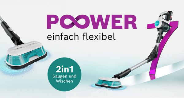 Der Bosch Unlimited 7 ProHygienic Aqua mit Saug- und Wischfunktion - einmal die Düse in der Nahaufnahme und einmal das ganze Gerät mit Knickrohr. Auf dem Bild steht "Power einfach flexibel" sowie "2in1 Saugen und Wischen".