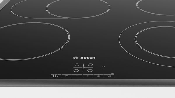 Elektryczna płyta grzewcza marki Bosch z podstawowym interfejsem dotykowym.