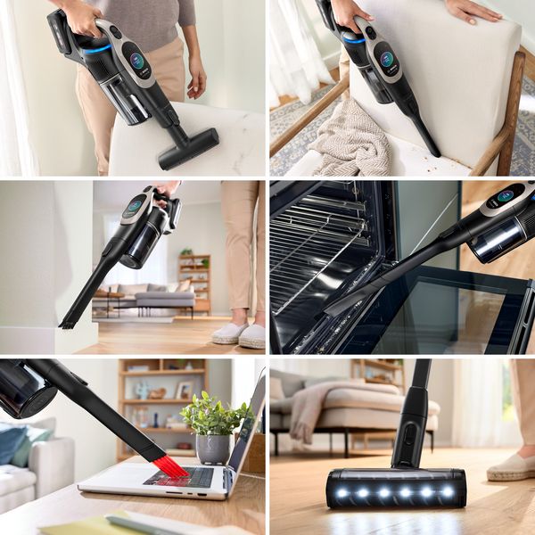 Sei immagini di accessori per la scopa elettrica, come altre bocchette, spazzoline, ecc.