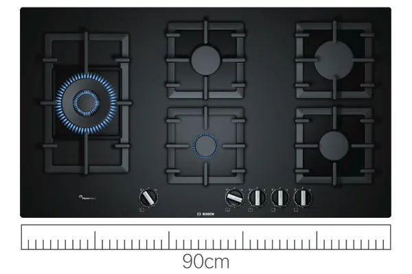 Gazowa płyta grzewcza 90 cm z wykończeniem ze stali nierdzewnej marki Bosch z linijką poniżej pokazującą rozmiar.