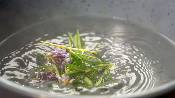 Ein Video zeigt eine Frau, die Putzmittel mithilfe von Kräutern und heißem Wasser selbst herstellt.