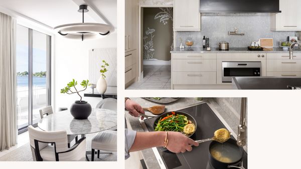 Image collage of Jonathan Savage’s condominium and a close-up of him cooking of a Gaggenau induction hob