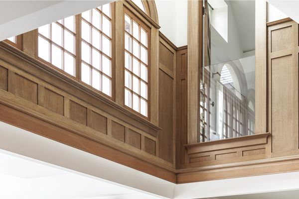 A view looking up to the first floor from the kitchen in Chet Callahan’s house