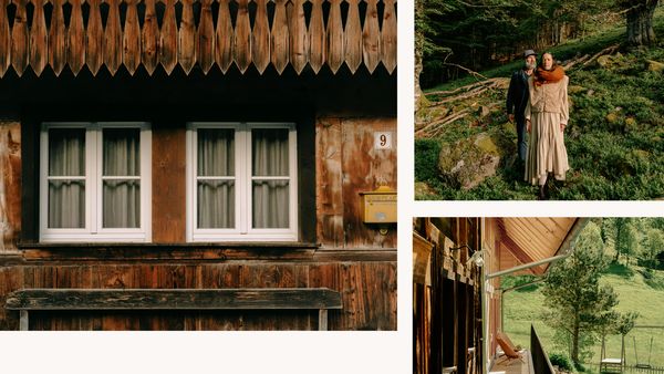 An image collage showing native materials used in construction of the Black Forest House and a portrait of Katharina and Helmut