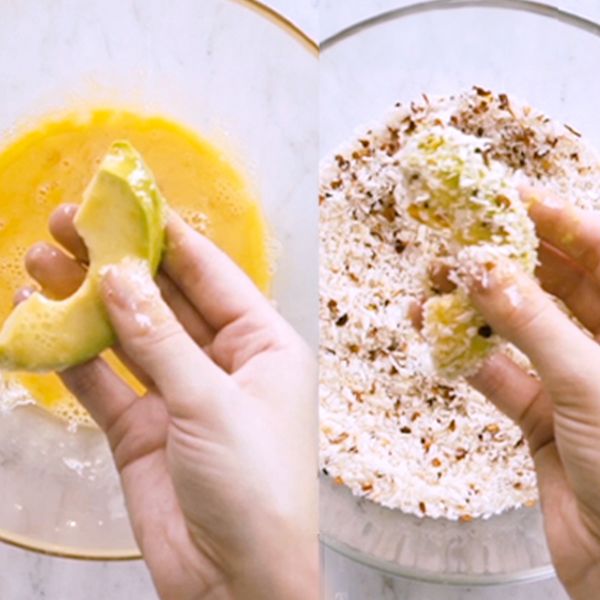 Adding sliced avocado to egg wash