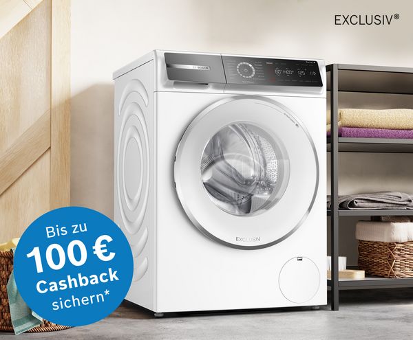 EXCLUSIV Waschmaschine von Bosch; Aktions-Logo: Bis zu 100 € Cashback sichern