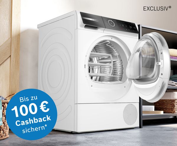 EXCLUSIV Waschtrockner von Bosch; Aktions-Logo: Bis zu 100 € Cashback sichern