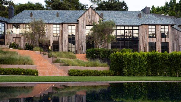 View across the swimming pool facing Max Noble’s Benedict Canyon Drive property in Beverly Hills