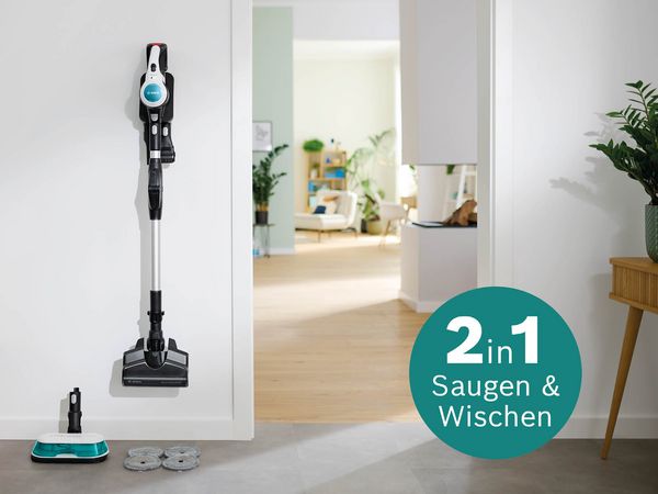 Staubsauger mit 2-in-1-Saug- und Wischfunktion, der in ein modernes, minimalistisches Wohninterieur passt.