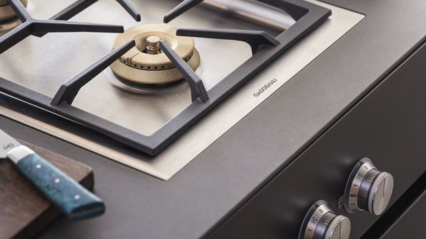 A close-up of a Gaggenau 400 series Vario gas cooktop