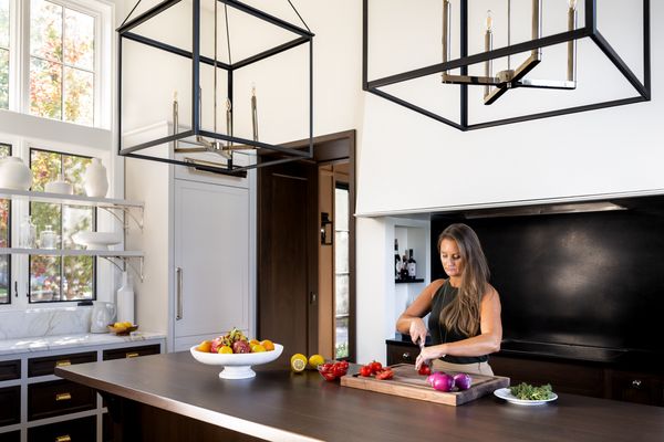 A candid photograph across the worktop where Lauren prepares a meal