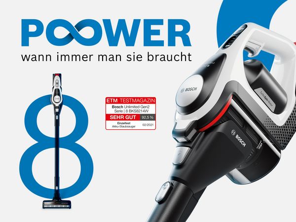 Nahaufnahme des Handgeräts des Bosch Unlimited Gen2 Serie 8 Akku-Staubsaugers.