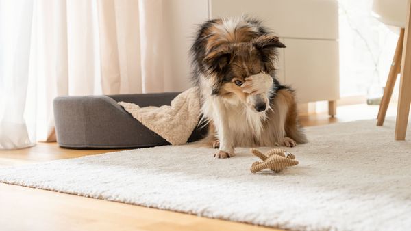 A dog on the hardwood floor next to a ProAnimal model vacuuming up dog hair.