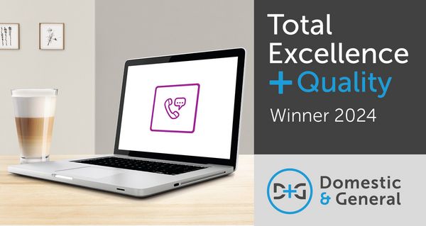 Electronic devices on table with Domestic and General Total Excellence and Quality Award 2023 badge to side