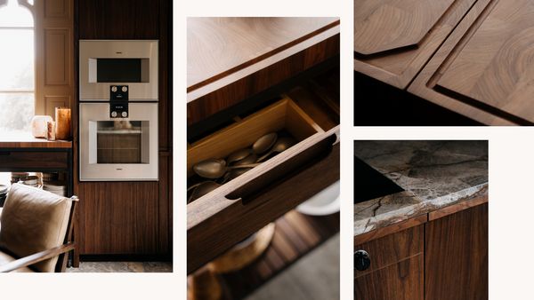 Collage of images showing Gaggenau appliances integrated into beautiful walnut furniture