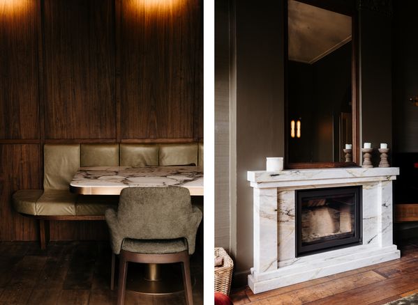 Collage of images showing various design choices in the grand old hunting lodge within the elemental palette