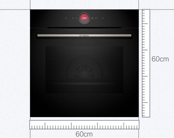 En 60 cm Bosch-ugn med ett blått måttband under som visar storleken.