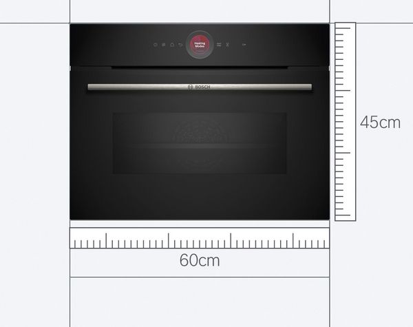 En Bosch 45 cm hög ugn med ett blått måttband under som visar storleken.