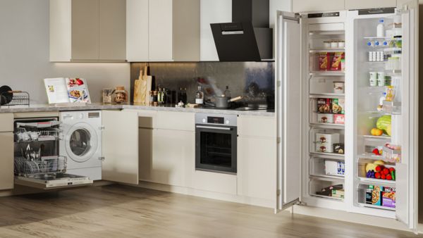 Bosch kitchen with open fridge and dishwasher