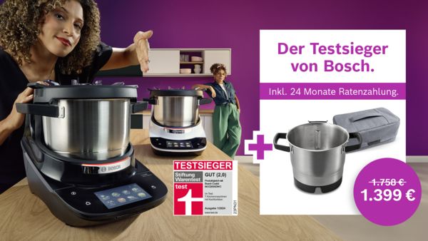 Bosch Cookit – Der Testsieger bei Stiftung Warentest (GUT 2,0). Angebot mit 24 Monaten Ratenzahlung: Statt 1.758 € jetzt für 1.399 €. Inklusive zusätzlichem Zubehör wie einem zweiten Topf und einer praktischen Zubehörtasche.