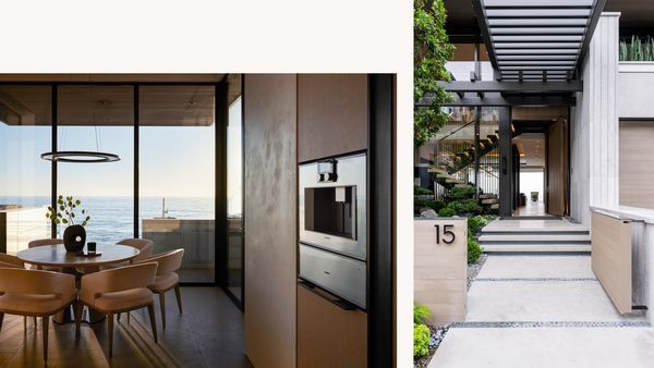 Another collage, this time featuring the lovely seating area of the Dana Point kitchen with its gorgeous ocean view, as well as the inviting entryway to the home. 