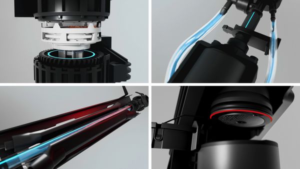 4 technical images of coffee machine's components, including grinder, water flow system, heating element and brewing unit.
