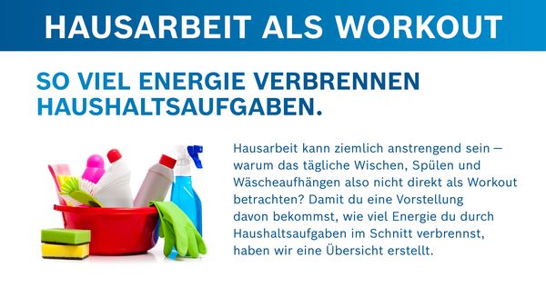 Ein Bild mit einem Text zum Kalorienverbrauch bei der Hausarbeit, daneben eine Aufnahme einer roten Waschschüssel gefüllt mit Putzutensilien.