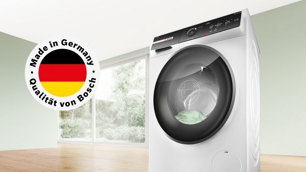 Eine Bosch Waschmaschine Serie 8 mit dem Made in Germany Logo.