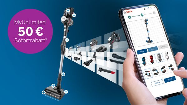 Eine Grafik zeigt eine Person, die sich einen Unlimited Akku-Staubsauger von Bosch selbst auf dem Handy konfiguriert. Daneben wird auf den MyUnlimited 100-Euro-Sofortrabatt hingewiesen.