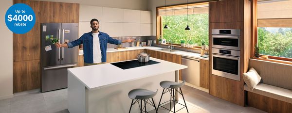 Modern kitchen with matching fridge, cooker and microwave surrounded by sleek cabinets in warm wood and an off-white tone