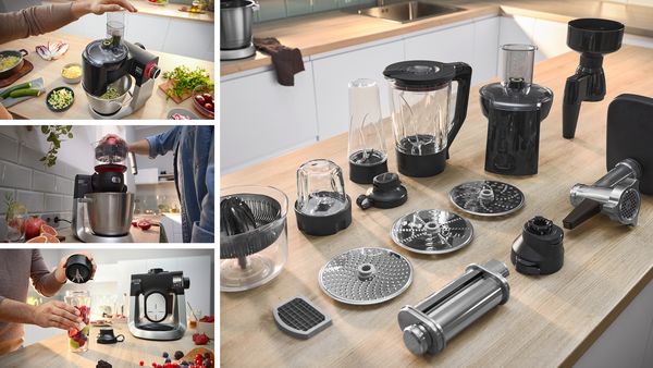Kit de acessórios para robô de cozinha Bosch Serie 6 apresentado numa bancada. Bosch ao lado de alguém utiliza um espremedor de citrinos, um liquidificador e uma trituradora.