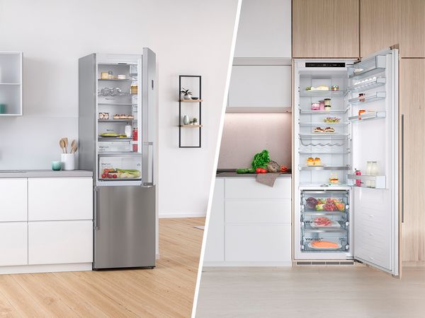 A modern refrigerator with a stainless steel finish, showcasing neatly organized food items and fresh produce inside.