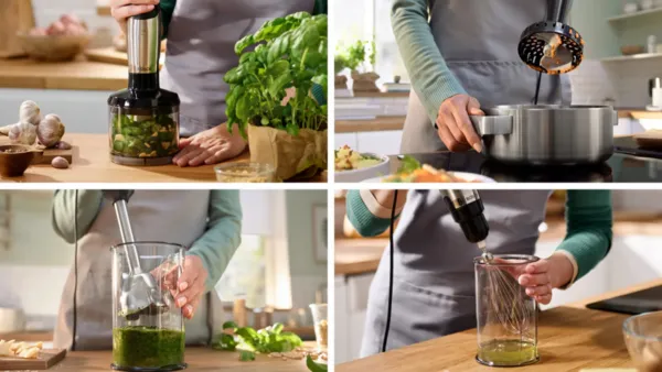 Un mosaico de cuatro imágenes que muestran diferentes batidoras de mano, cada una con un diseño y una función únicos.