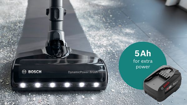 Unlimited stofzuiger met het 5Ah batterijpakket verwijdert vuil van tapijt en harde vloer met extra kracht.