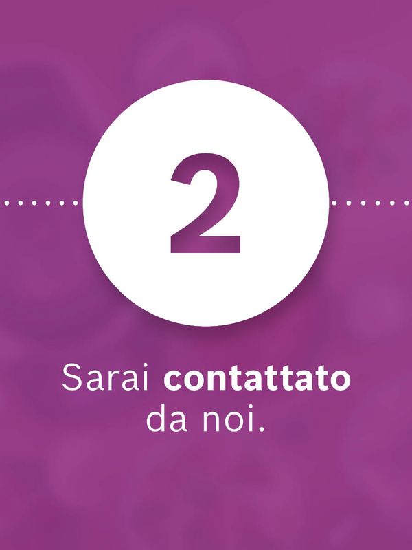 Illustrazione di un'icona racchiusa in un cerchio con la scritta "2. Verrai contattato/a da noi." su sfondo viola.