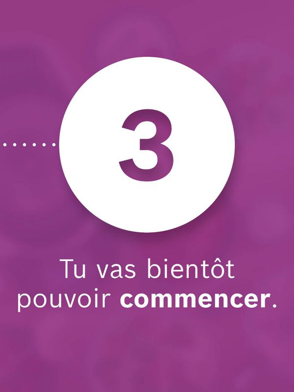 Illustration d'une icône encerclée avec l'inscription "3. Tu pourras bientôt commencer." sur fond violet.