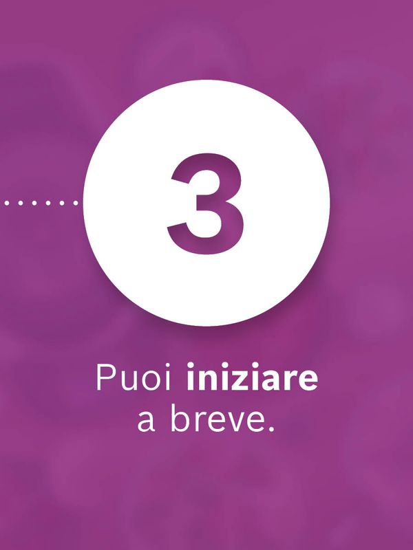 Illustrazione di un'icona racchiusa in un cerchio con la scritta "3. Potrai iniziare a breve." su sfondo viola.