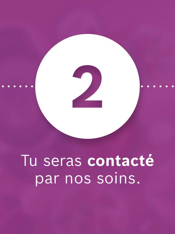 Illustration d'une icône encerclée avec l'inscription "2. Tu seras contacté(e) par nous." sur fond violet.
