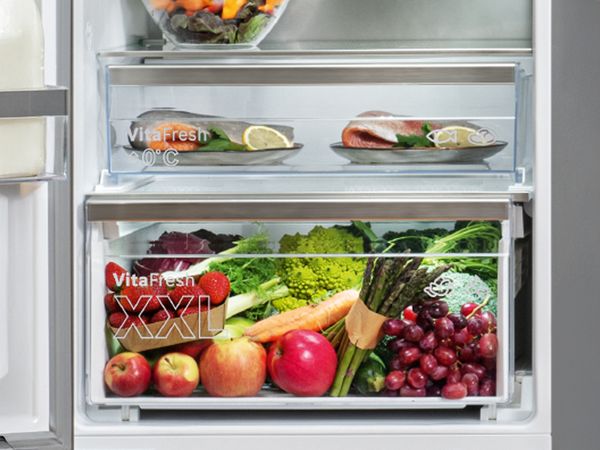 A view inside a refrigerator showcasing fresh fruits and vegetables in organized drawers, along with fish on a plate above.