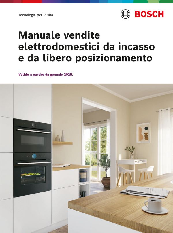 Cucina moderna con elettrodomestici Bosch, piano di lavoro in legno e illuminazione naturale.