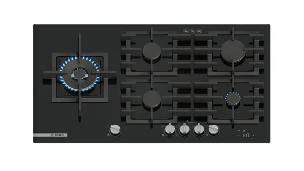 A black gas cooktop featuring five burners with blue illumination, styled for modern kitchens.