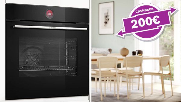 Un elegante forno Bosch nero accanto a un'area pranzo moderna, con una promozione di cashback di 200&euro;.  