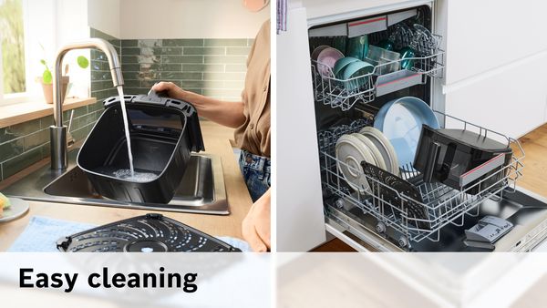 Cleaning the air fryer basker under the sink or in the dishwasher