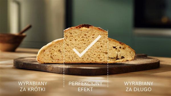 Bochenek chleba z trzema sekcjami pokazującymi doskonałe i złe rezultaty pieczenia, oddzielone liniami: sekcja środkowa opatrzona znacznikiem i napisem „doskonałe”. Lewa sekcja opatrzona napisem „niedostateczne wyrobienie”, a prawa – „nadmierne wyrobienie”.