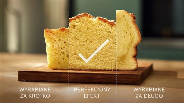 Ciasto z trzema sekcjami pokazującymi 1 doskonałe i 2 złe rezultaty pieczenia, oddzielone liniami: sekcja środkowa opatrzona znacznikiem i napisem „doskonałe”. Lewa sekcja opatrzona napisem „niedostateczne wymieszanie”, a prawa – „nadmierne wymieszanie”.